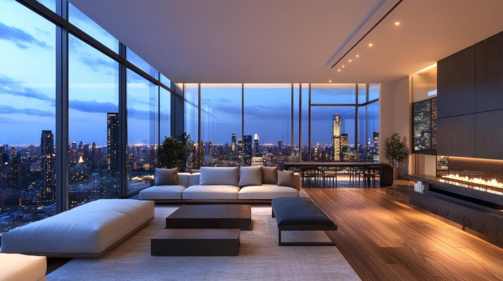 Penthouse living room with floor-to-ceiling windows overlooking a city skyline at night and a built-in linear fireplace