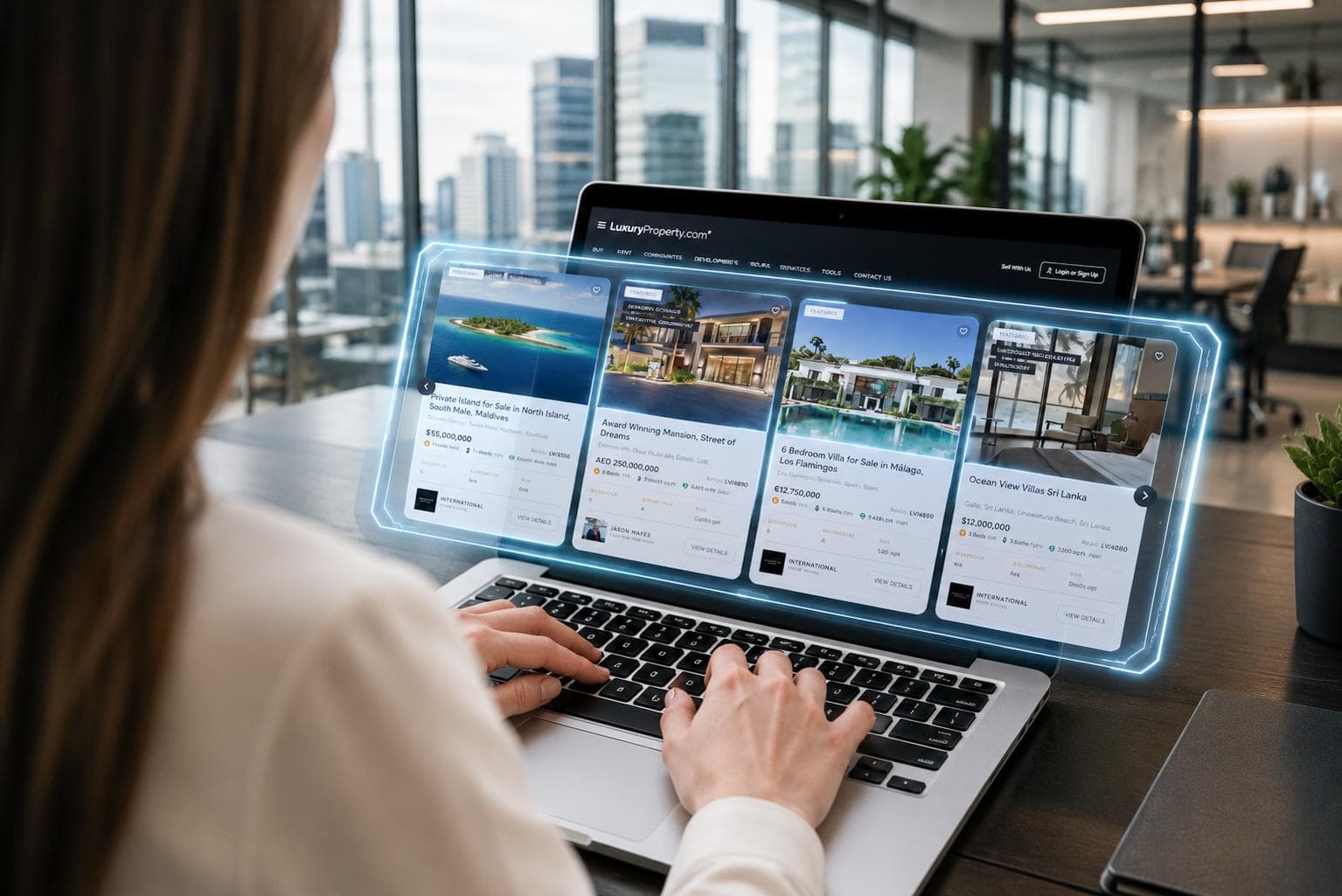 LuxuryProperty.com displaying international luxury homes and villas for sale on a laptop screen.