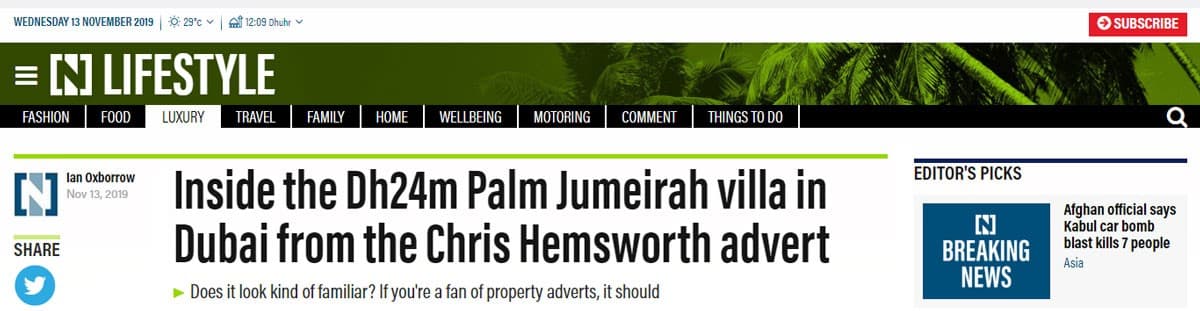 Inside the Dh24m Palm Jumeirah Villa in Dubai from the Chris Hemsworth Advert