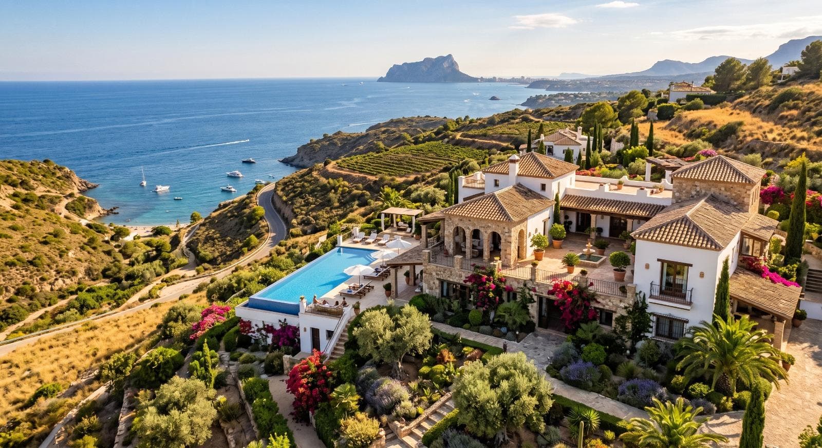 Mediterranean luxury villa with infinity pool overlooking the sea and coastal mountains.