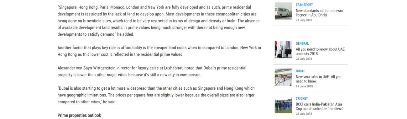 Dubai's prime property prices