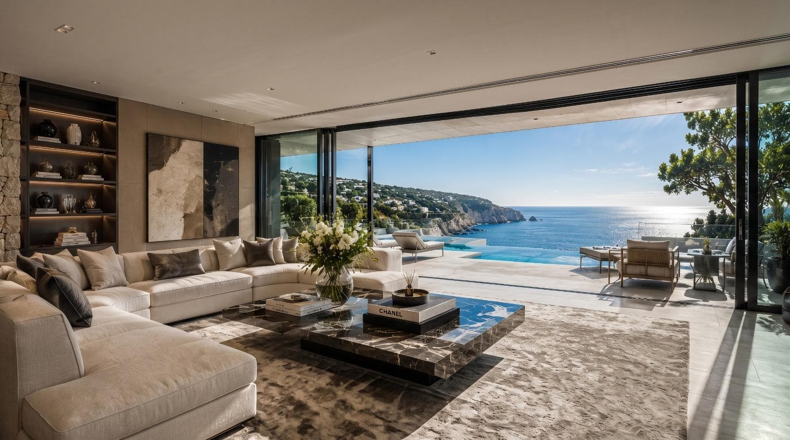 Luxury sea-view living room with contemporary interiors, floor-to-ceiling windows and an infinity pool