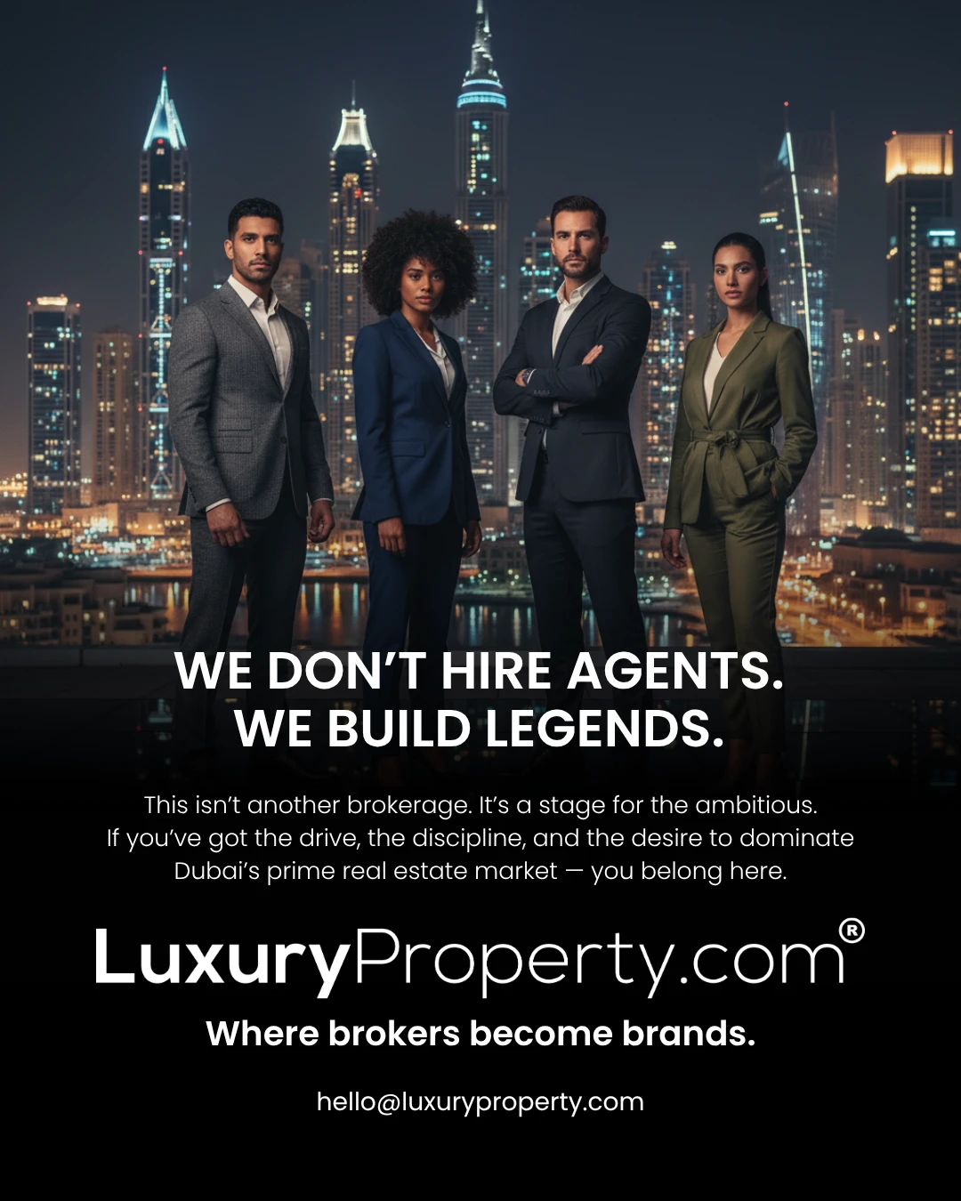 Professional real estate sales broker discussing property deals with clients in a modern Dubai office, showcasing luxury homes and city skyline views.